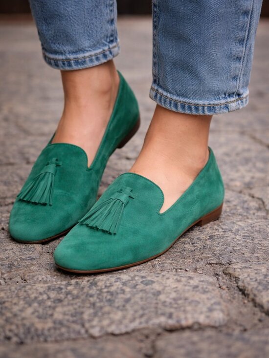 J. Crew Shoes - J.Crew Green Suede Tassel Loafers Size 7.5 Slip On Flats
